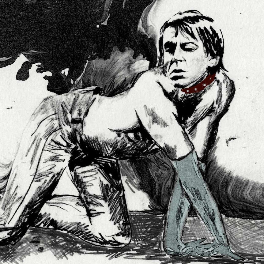 A black and white illustration of punk icon Iggy Pop