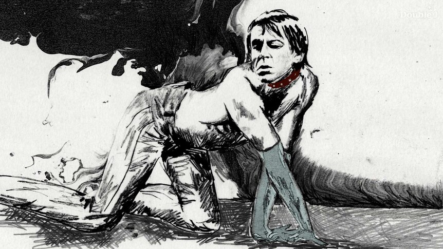 A black and white illustration of punk icon Iggy Pop
