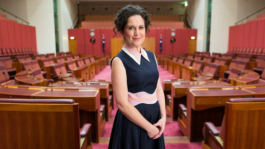 A woman stands in the empty Senate