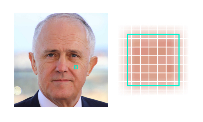 An image showing Malcolm Turnbull and a close up of the pixels on a section of his face.