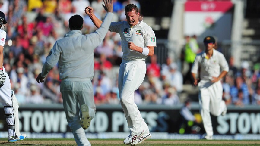 Australia's Peter Siddle celebrates the wicket of England's Joe Root on day two at Old Trafford.