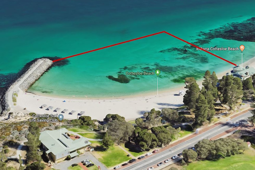 A Google Maps aerial shot of Cottesloe Beach showing a red line representing a shark net.