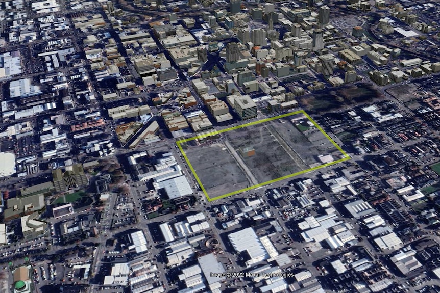 Aerial view of construction site in Christchurch, New Zealand, for proposed Te Kaha stadium.