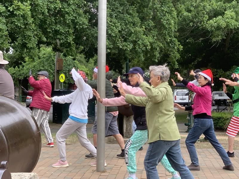 La gente practica Tai Chi en un parque. 