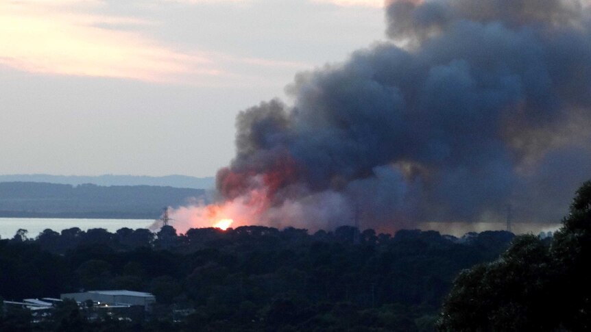 Flames and smoke rise from a bushfire near the BlueScope Steel plant at Tyabb.