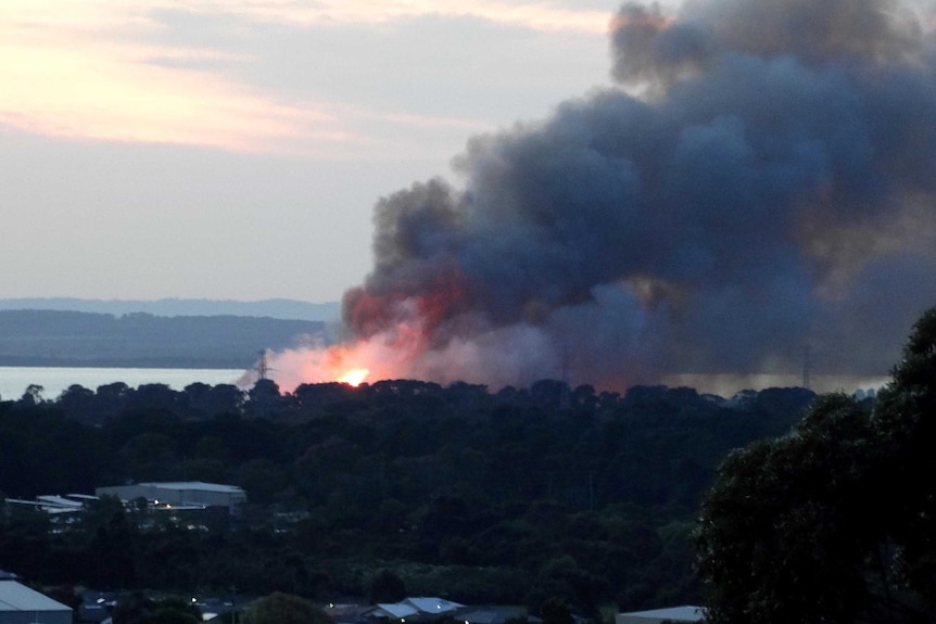 Flames and smoke rise from a bushfire near the BlueScope Steel plant at Tyabb.