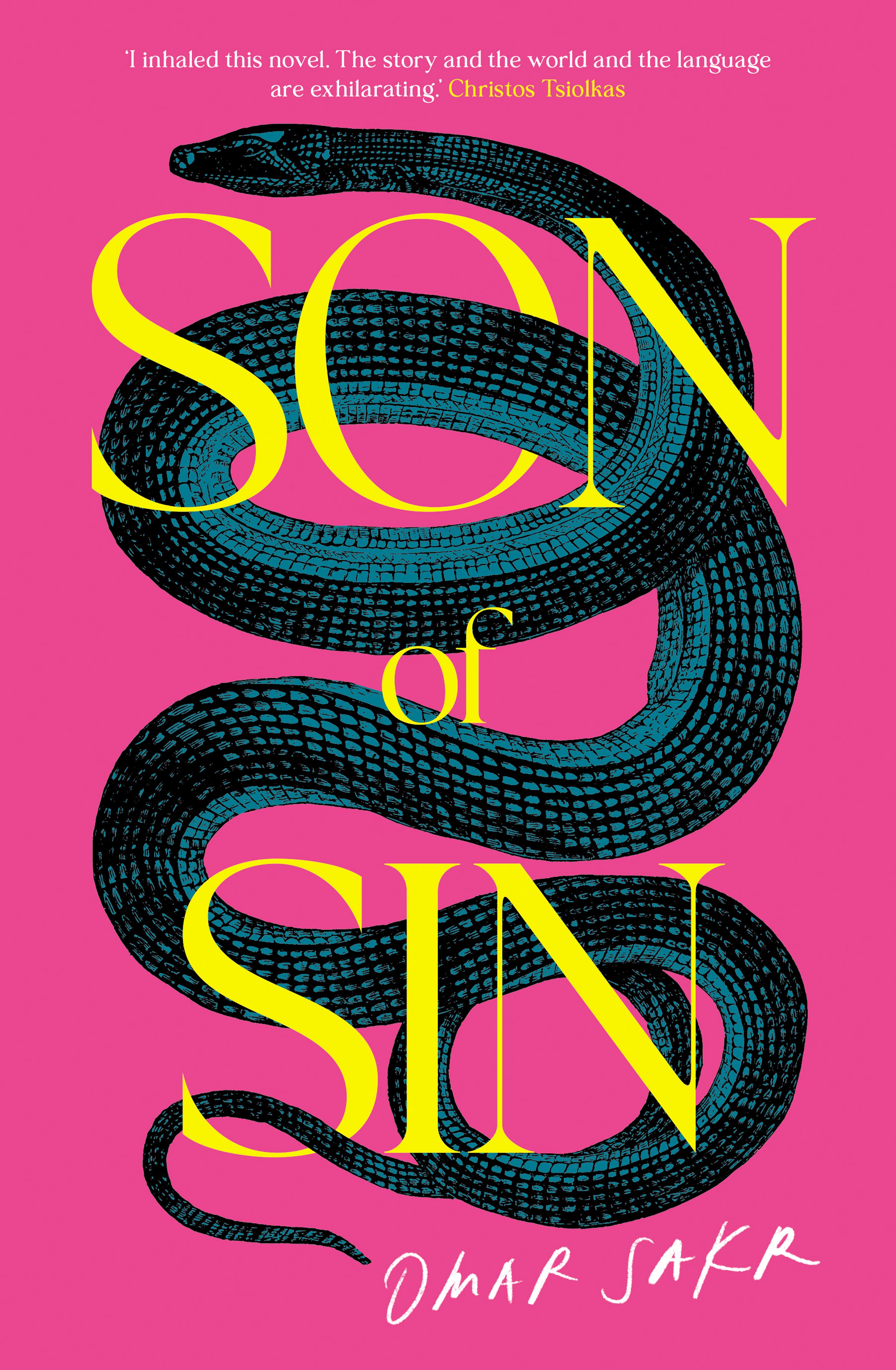 The book cover for Son of Sin: a black snake coils through the title of the text which appears in yellow against a hot pink base