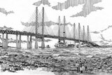 A black and white illustration shows a cable-stayed bridge with four support towers over a choppy waterway.