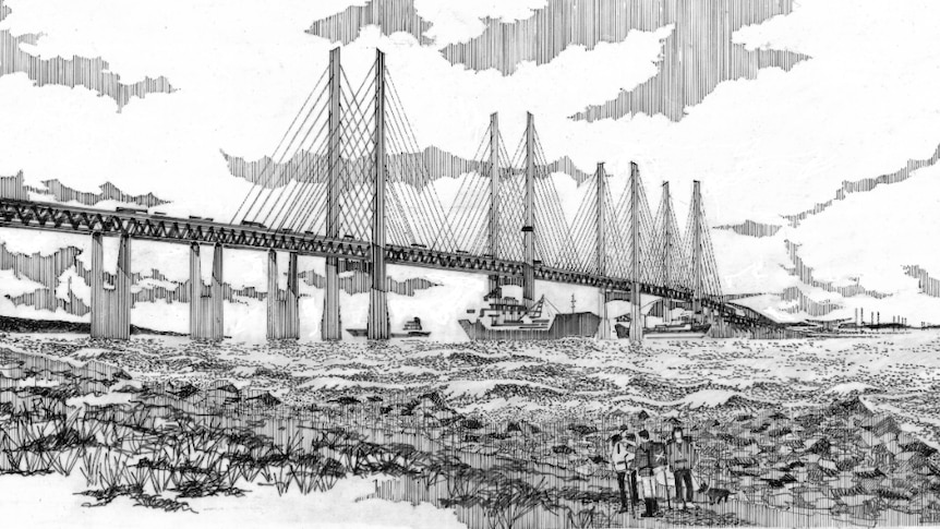 A black and white illustration shows a cable-stayed bridge with four support towers over a choppy waterway.