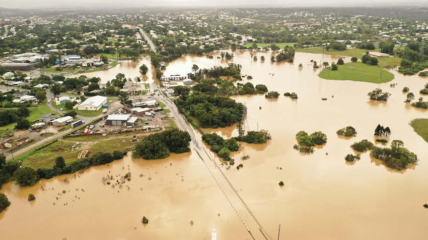 Floodwaters over Gympie in May 2022.