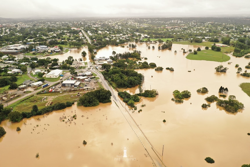 Floodwaters over Gympie in May 2022.