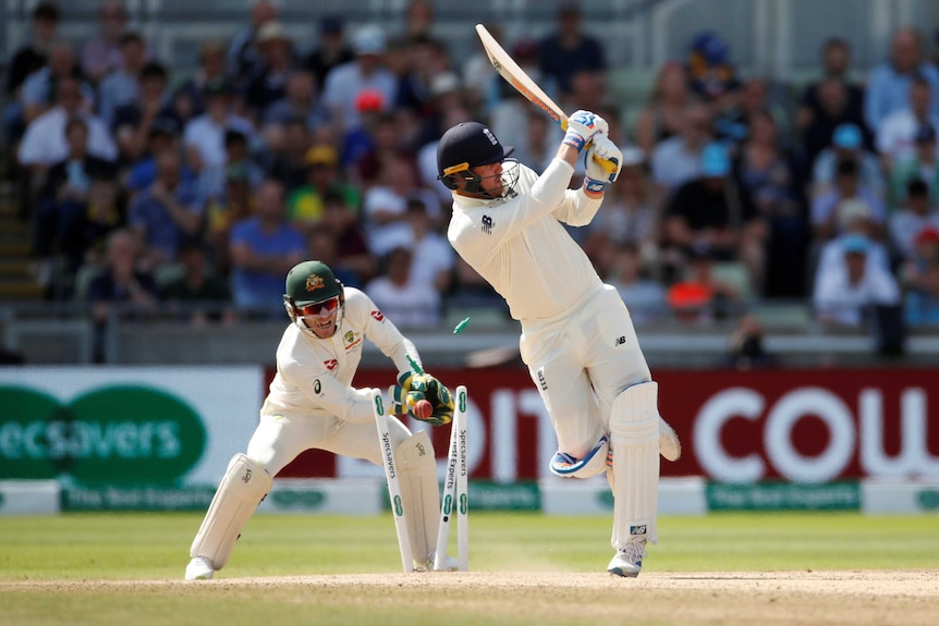 Roy swings to the on side, but the ball is smashing into the middle stump, sending bails flying. Paine is in behind the stumps