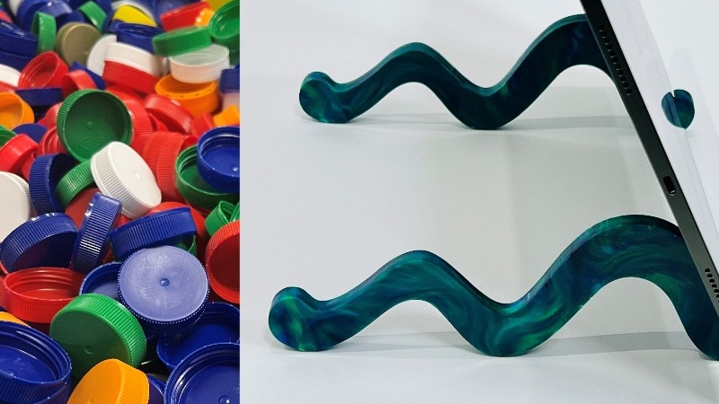 A composite image of plastic bottle tops and a device stand.