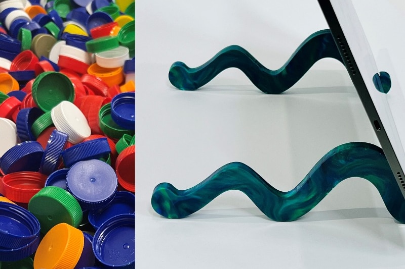 A composite image of plastic bottle tops and a device stand.