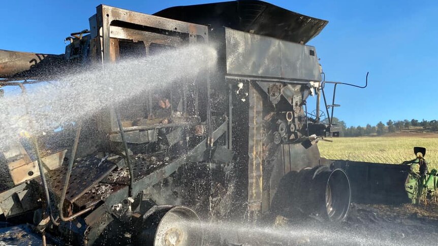 A header in a paddock that has burnt and is black from fire.