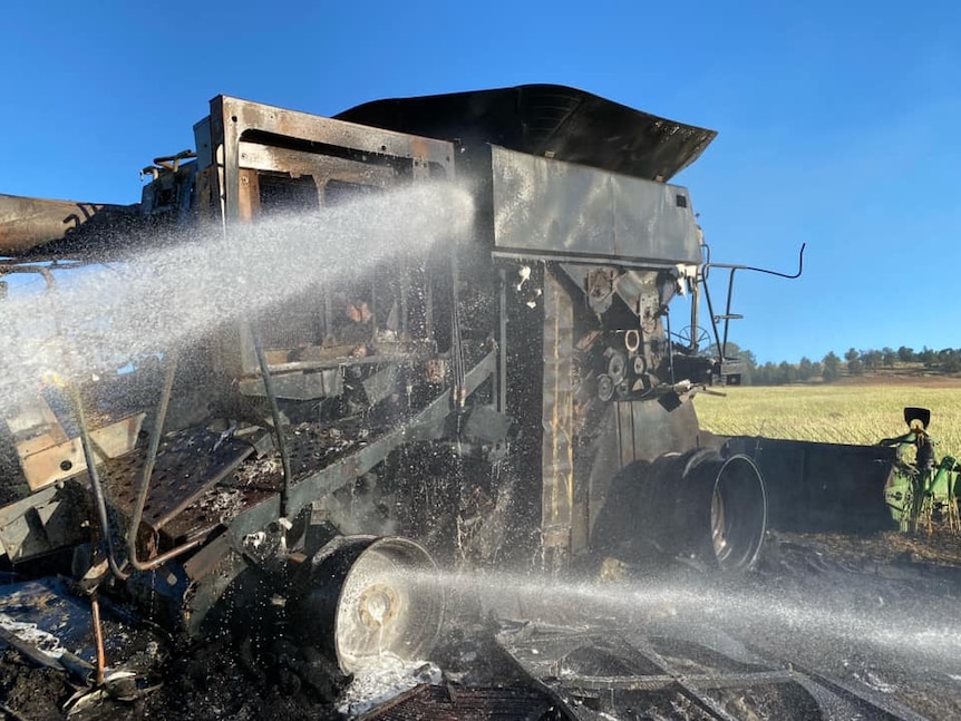 A header in a paddock that has burnt and is black from fire.