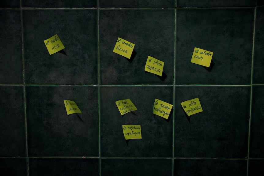 Nine, bright yellow post-it notes with writing in Spanish on them are stuck to a tiled wall. 