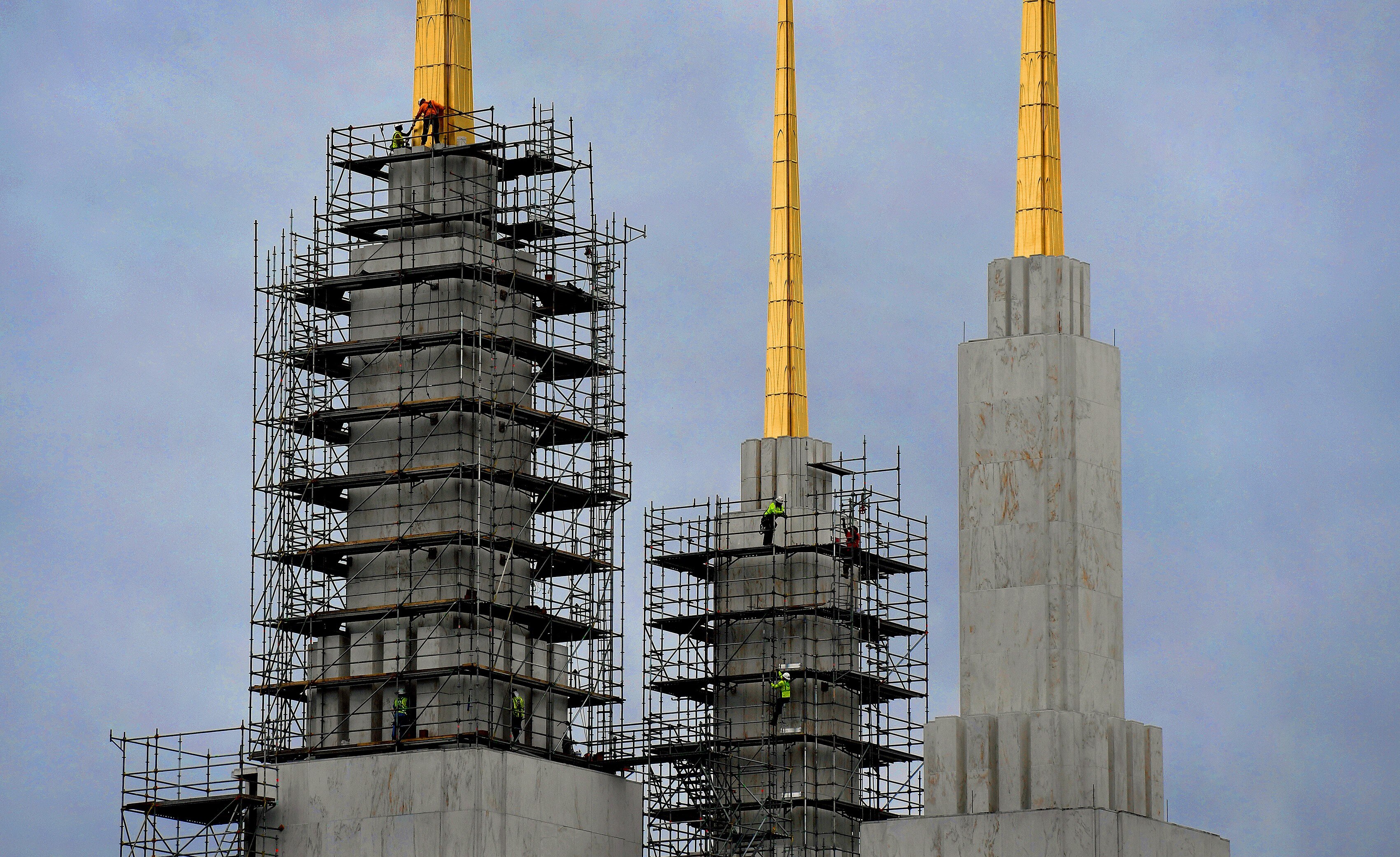 Scaffolding on the exterior of the temple of the Church of Jesus Christ of Latter-day Saints