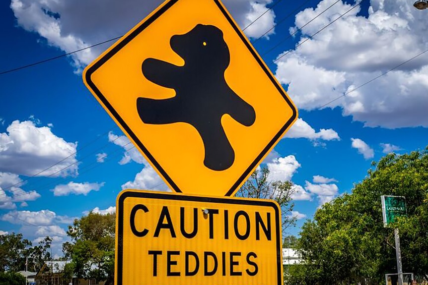 A yellow and black diamond-shaped road sign with a photo of a teddy bear and the words "Caution: teddies crossing".