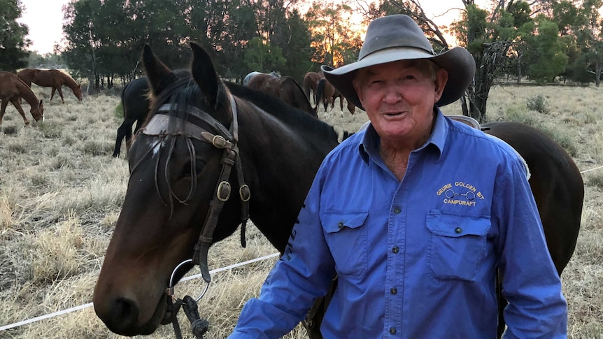 A man in a blue shirt holding the reins of a brown horse with horses in the background