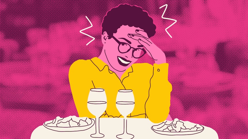 An illustration of a woman sitting at a dinner table, with her head in her hand looking awkward and stressed