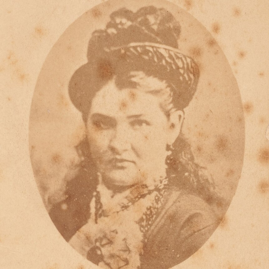 A portrait of Kate Kelly, Ned Kelly's younger sister, on the back of a postcard or calling card