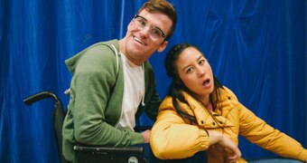 Angus Thompson and Nina Oyama posing for their ABC comedy web series The Angus Show.