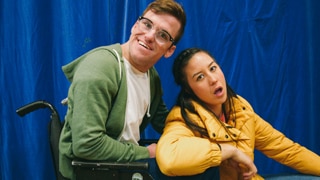 Angus Thompson and Nina Oyama posing for their ABC comedy web series The Angus Show.