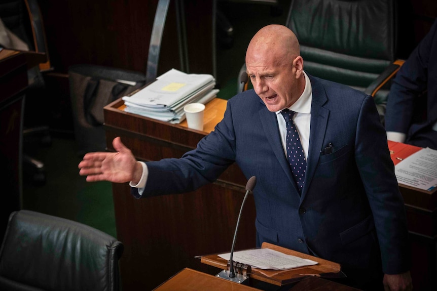 Premier Peter Gutwein gestures in Tasmania's Parliament