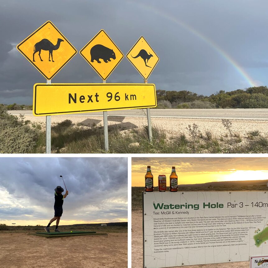 A photo of a road sign, a photo of a golf player taking a swing and a photo of a golf course sign.