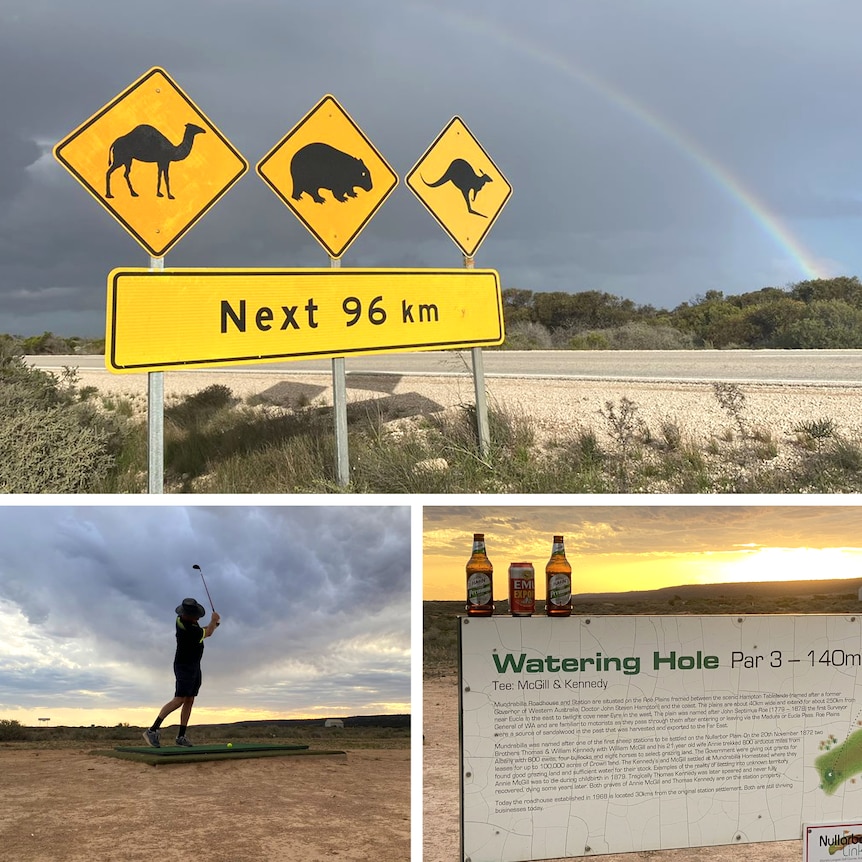 A photo of a road sign, a photo of a golfer taking a swing, a photo of a golf course sign.