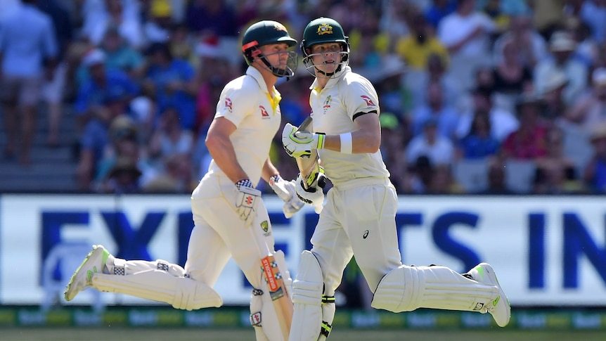 Steve Smith and Shaun Marsh run between the wickets on Boxing Day