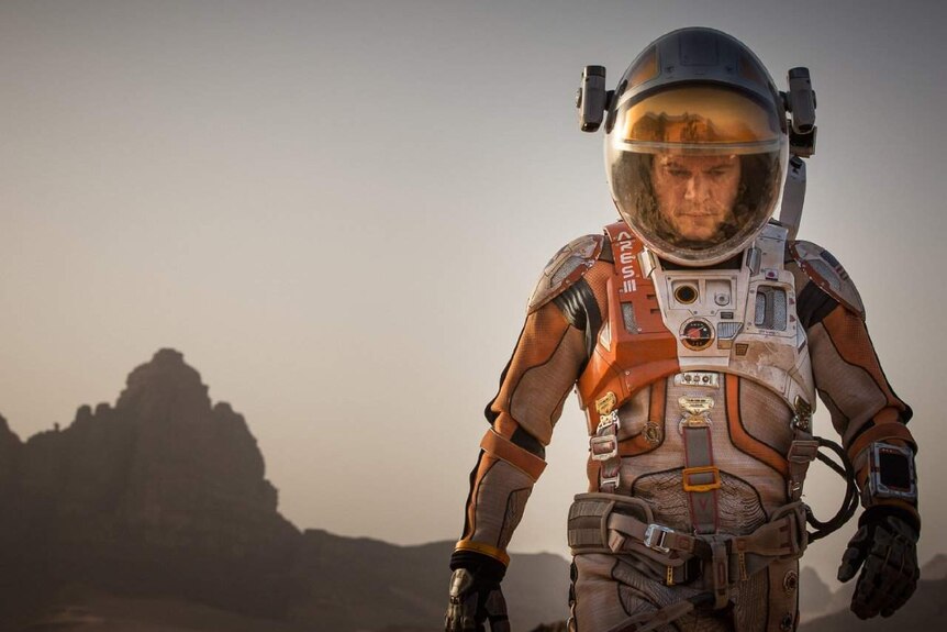 Matt Damon wearing an astronaut suit in 2015 film 'The Martian'.