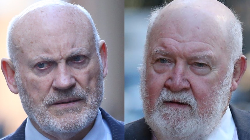 A split image showing two older men with white hair.