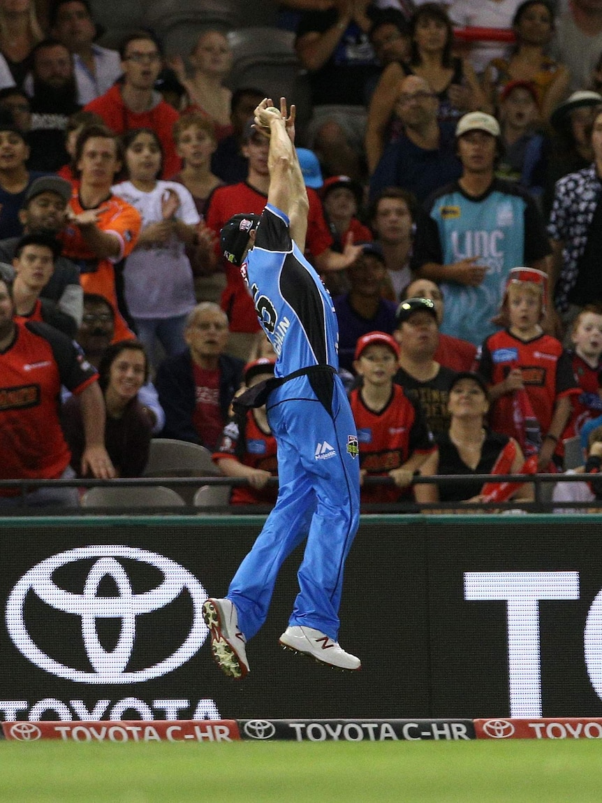 Ben Laughlin takes the first stage of a catch for the Adelaide Strikers