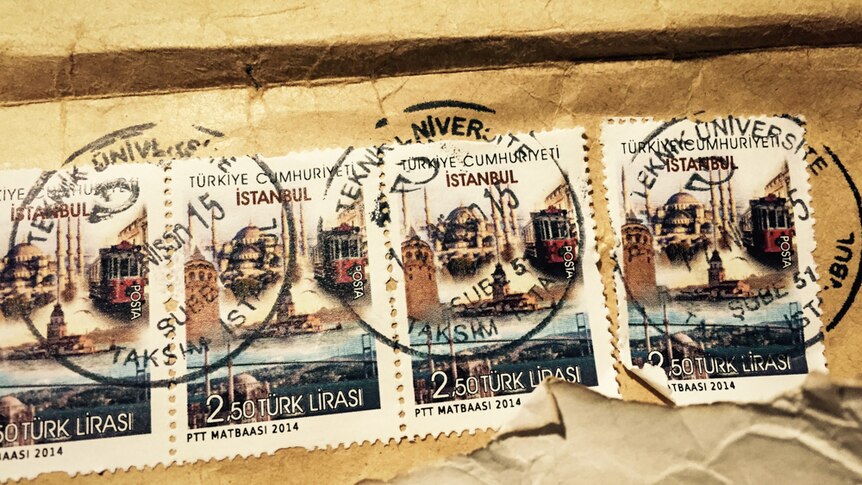 Stamps from Istanbul show that the mail was sent from a Turkish university post office.