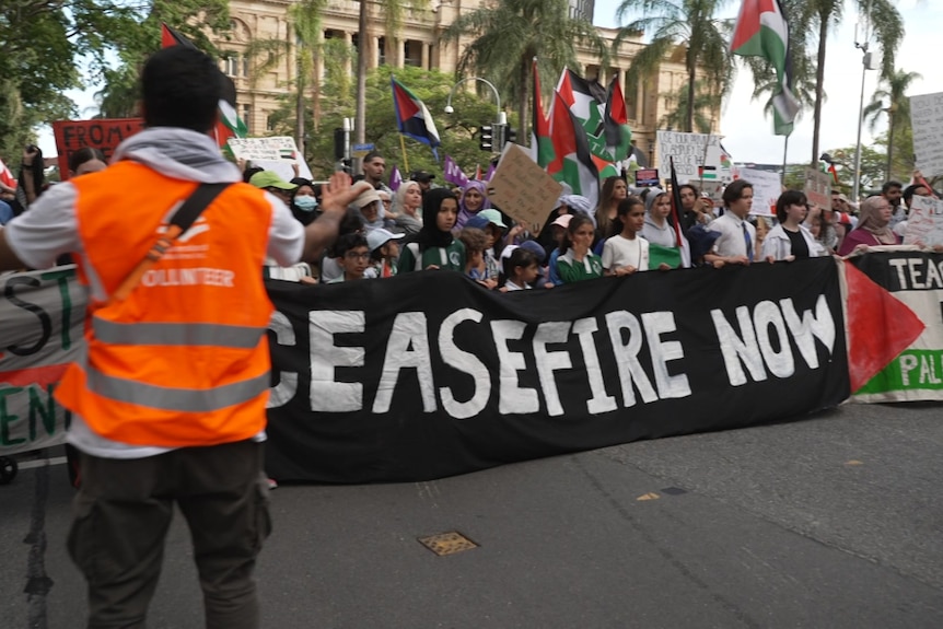 pro-palestinian protesters carry a banner at a rally in brisbane on sunday november 26