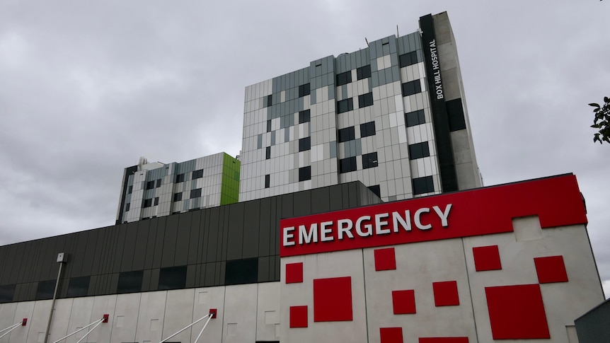 The external facade of the Box Hill Hospital, with the emergency department displayed using red.