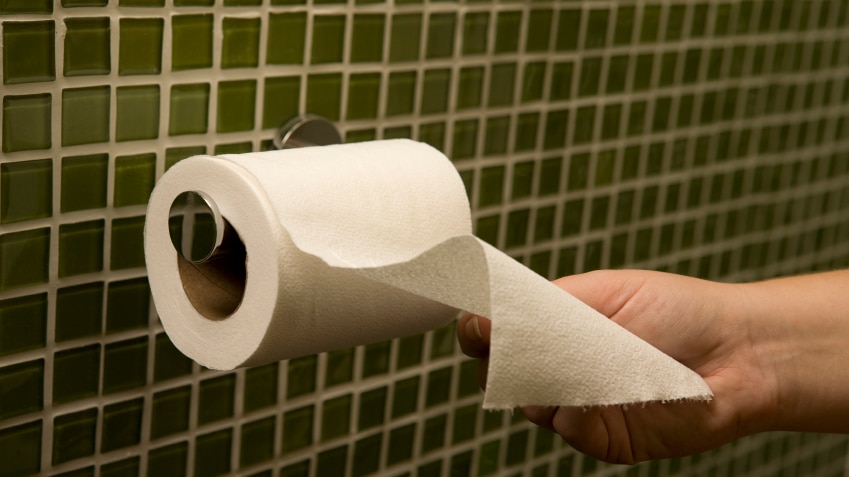 A person's hand reaching for a roll of toilet paper