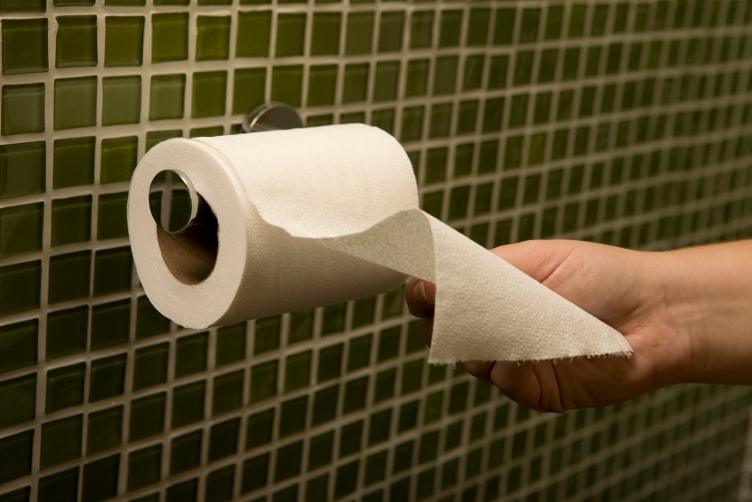 A person's hand reaching for a roll of toilet paper