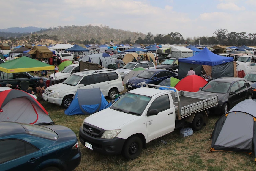 Hundreds of tents set up at the Party in the Paddock music festival in Tasmania