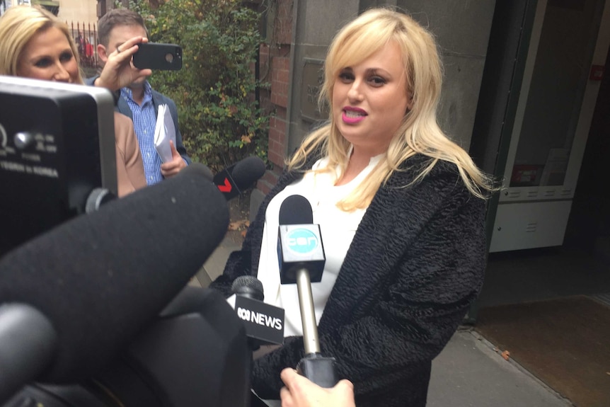 rebel wilson speaks to the media outside a melbourne court ahead of defamation trial, 19 May 2017