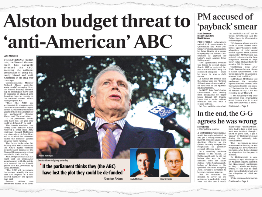 Front page of the Australian May 29, 2003 with torn effect.