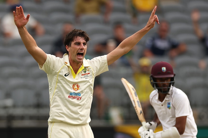 Australia bowler Pat Cummins appeals for the wicket of West Indies batter Kraigg Brathwaite during the first Test in Perth.