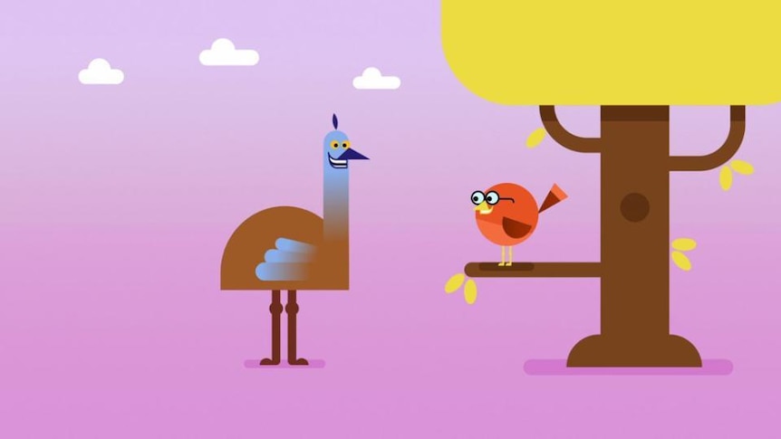 Graphic of cartoon emu and bird in tree