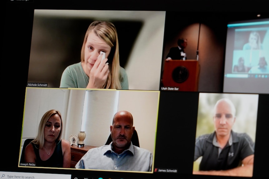 Multiple zoom screens at a news conference announcing the lawsuit, Gabby's mother wipes away tears in one