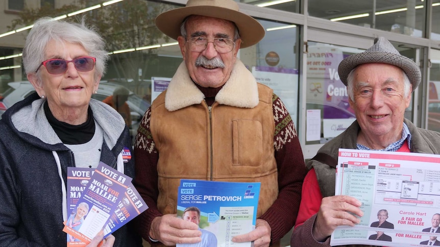 People handing out how to vote cards for various parties at the Horsham voting centre for the 2019 federal election.