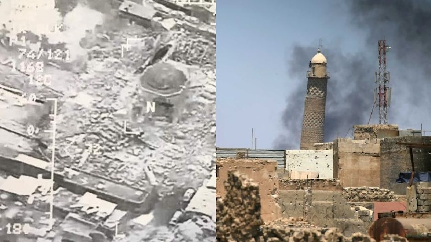A composite image showing the mosque before and after.