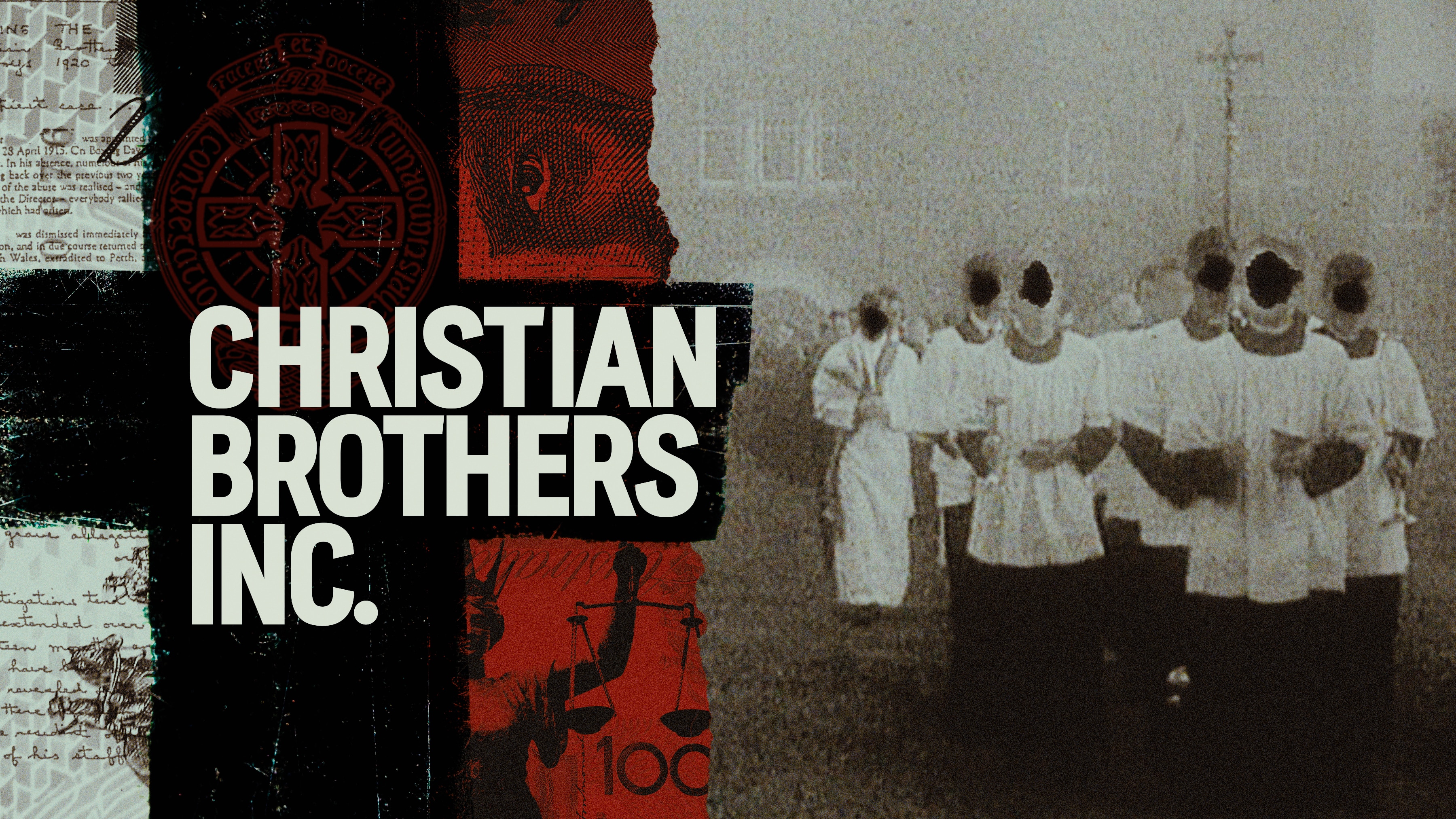 A graphic of order members with blurred faces, documents, school logo, money, lady justice with "Christian Brothers Inc" written