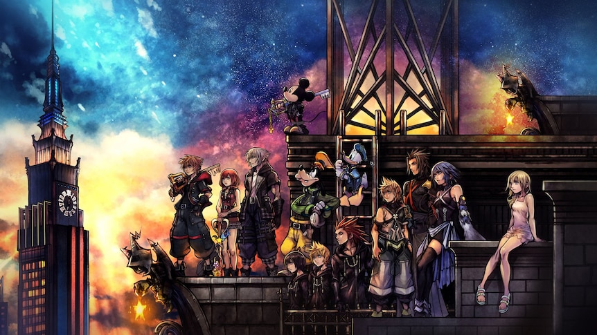 A party of adventurers atop a gothic tower, gazing at the horizon, against the backdrop of a multicoloured sky.